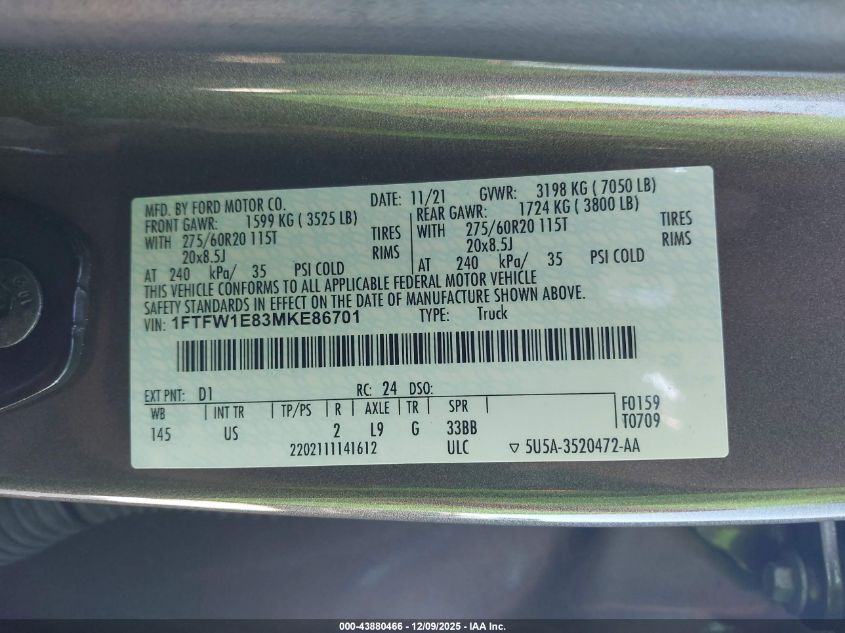 2021 Ford F-150 Xlt VIN: 1FTFW1E83MKE86701 Lot: 43880466