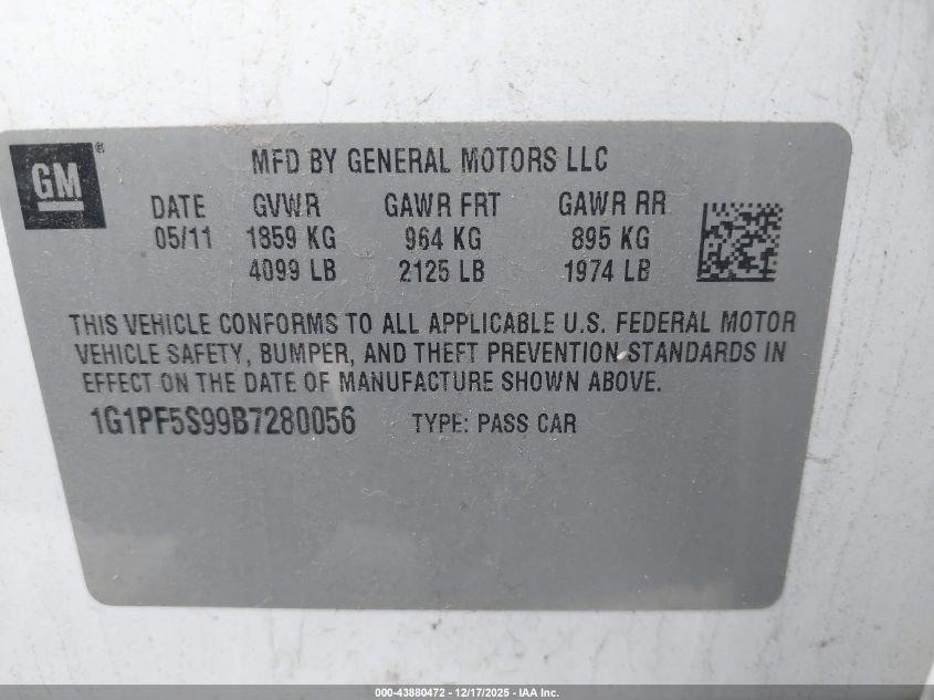 2011 Chevrolet Cruze 1Lt VIN: 1G1PF5S99B7280056 Lot: 43880472