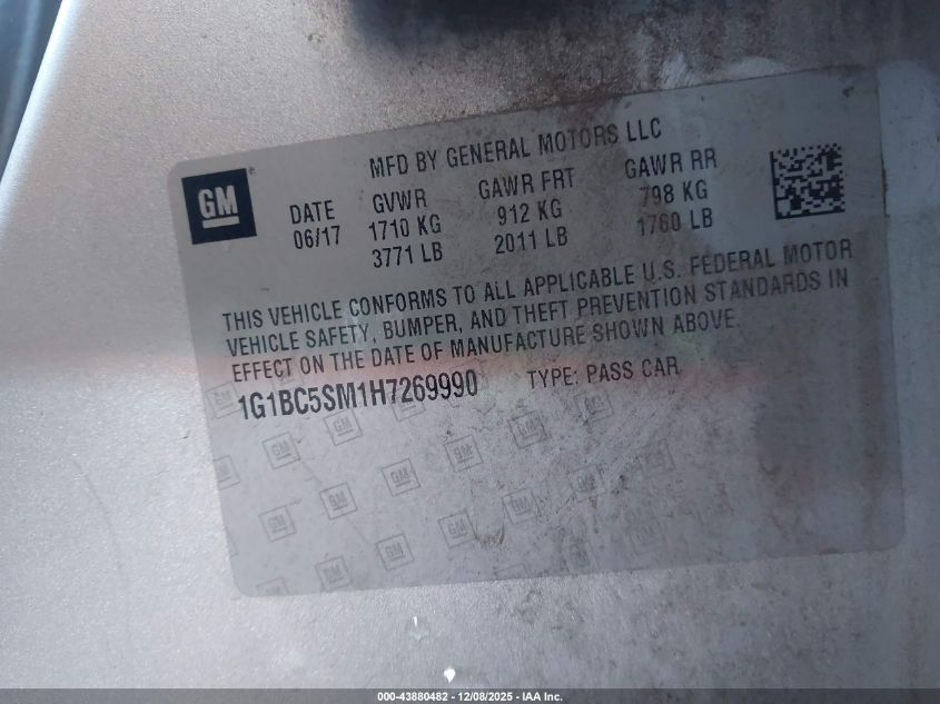 2017 Chevrolet Cruze Ls Auto VIN: 1G1BC5SM1H7269990 Lot: 43880482