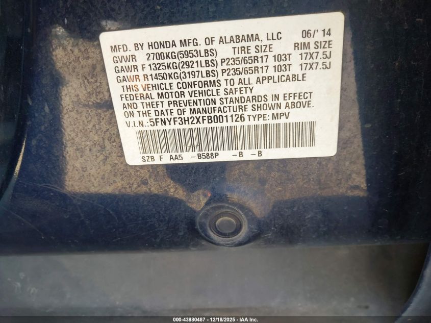 2015 Honda Pilot VIN: 05FBYF3H2XFB00112 Lot: 43880487