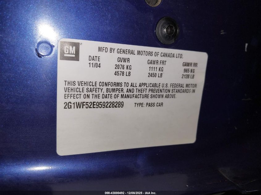 2005 Chevrolet Impala VIN: 2G1WF52E959228289 Lot: 43880492