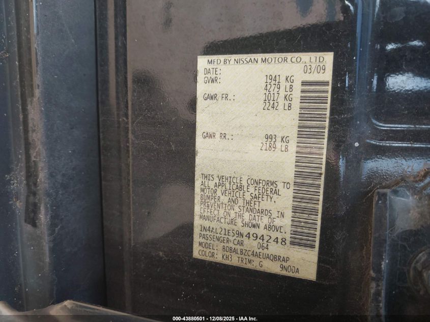 2009 Nissan Altima 2.5 S VIN: 1N4AL21E59N494248 Lot: 43880501