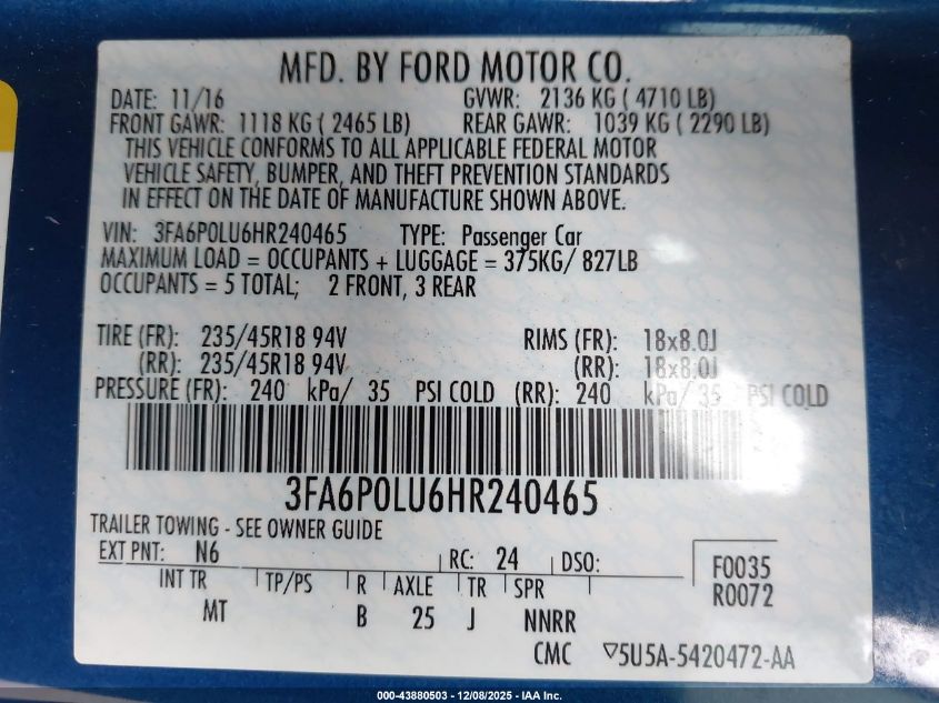 2017 Ford Fusion Hybrid Se VIN: 3FA6P0LU6HR240465 Lot: 43880503