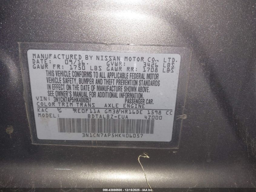 2017 Nissan Versa 1.6 S/1.6 S+/1.6 Sl/1.6 Sv VIN: 3N1CN7AP5HK406057 Lot: 43880508