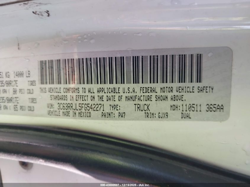 2015 Ram 3500 Laramie VIN: 3C63RRJL5FG542271 Lot: 43880507