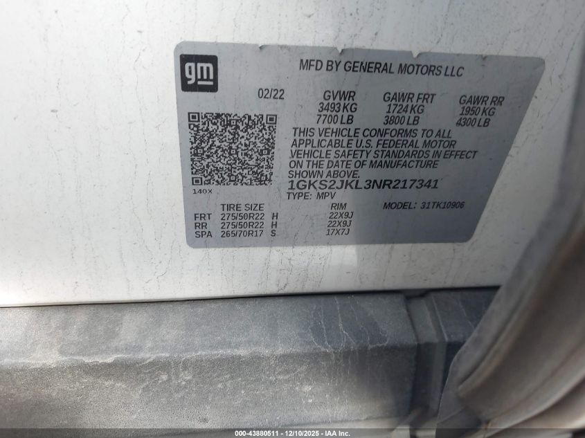 2022 GMC Yukon Xl 4Wd Denali VIN: 1GKS2JKL3NR217341 Lot: 43880511