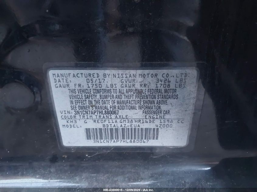 2017 Nissan Versa 1.6 S+ VIN: 3N1CN7AP7HL880067 Lot: 43880515