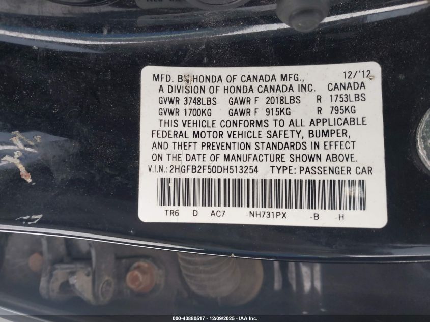 2013 Honda Civic Lx VIN: 2HGFB2F50DH513254 Lot: 43880517