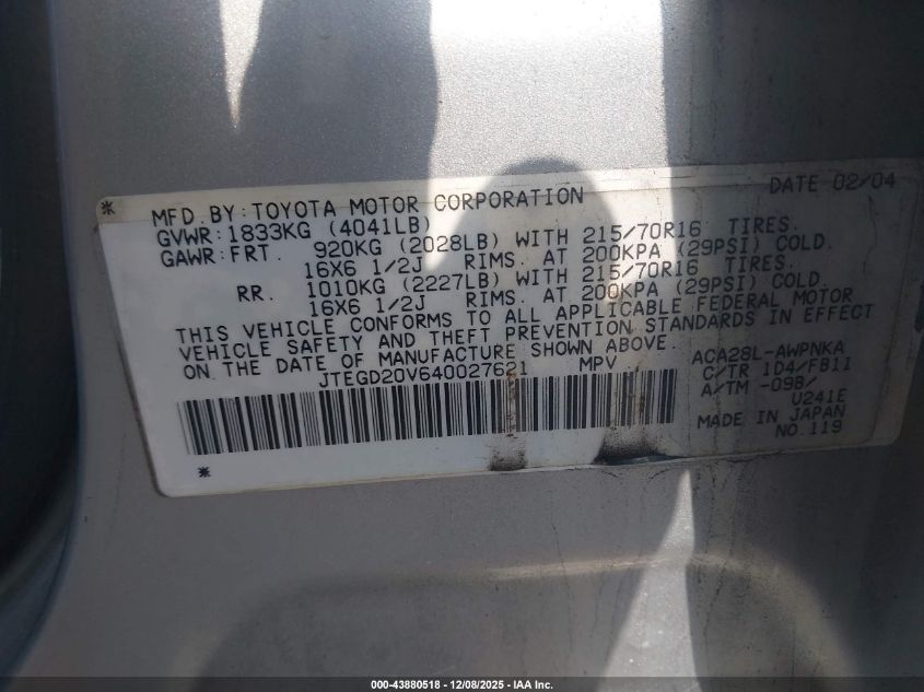 2004 Toyota Rav4 VIN: JTEGD20V640027621 Lot: 43880518