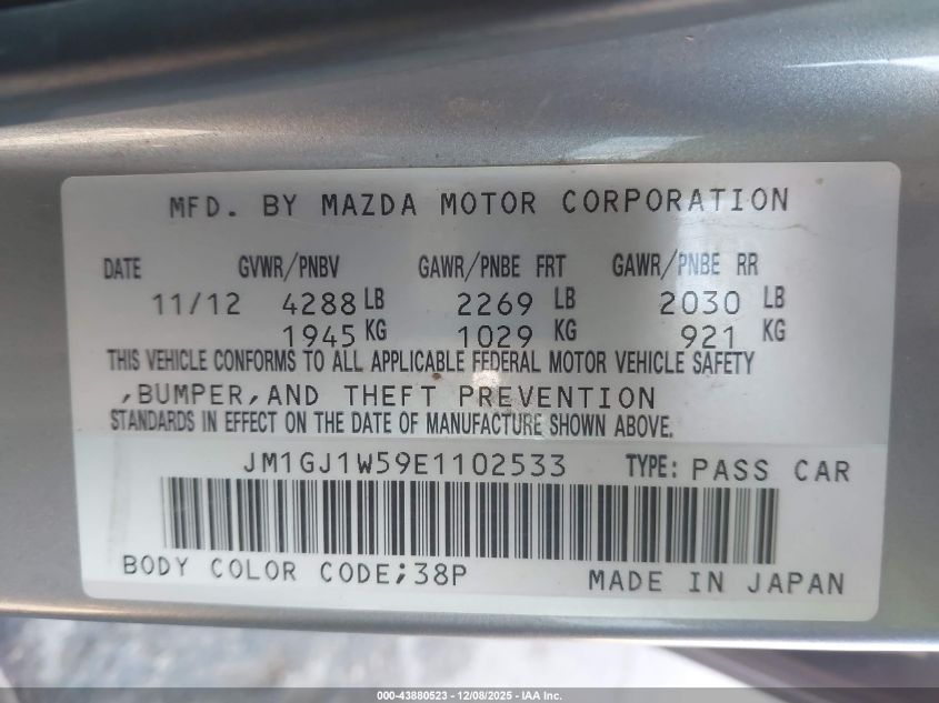 2014 Mazda Mazda6 I Grand Touring VIN: JM1GJ1W59E1102533 Lot: 43880523