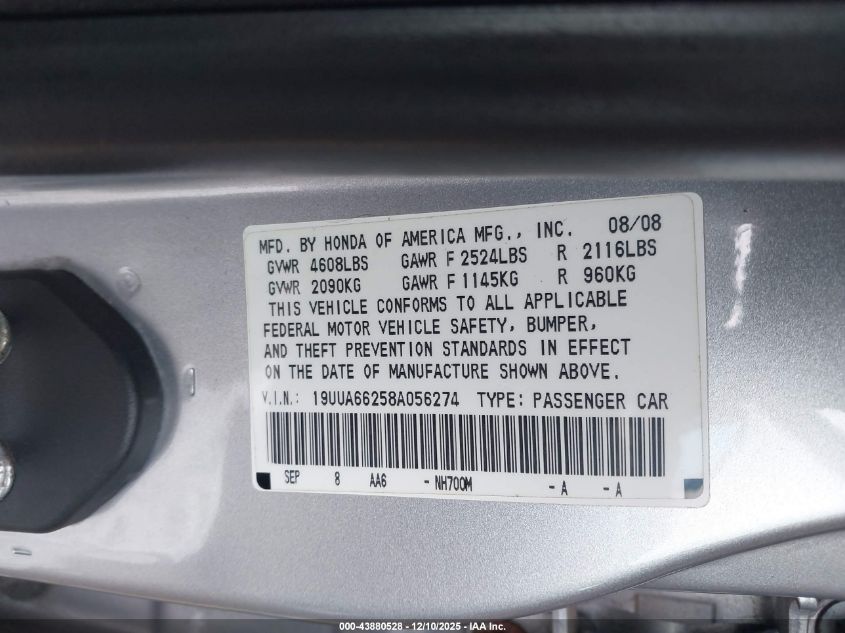 2008 Acura Tl 3.2 VIN: 19UUA66258A056274 Lot: 43880528