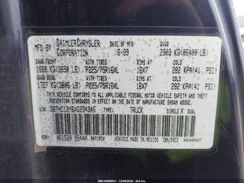 1999 Dodge Ram 1500 St VIN: 3B7HC12Y6XG234345 Lot: 43880531