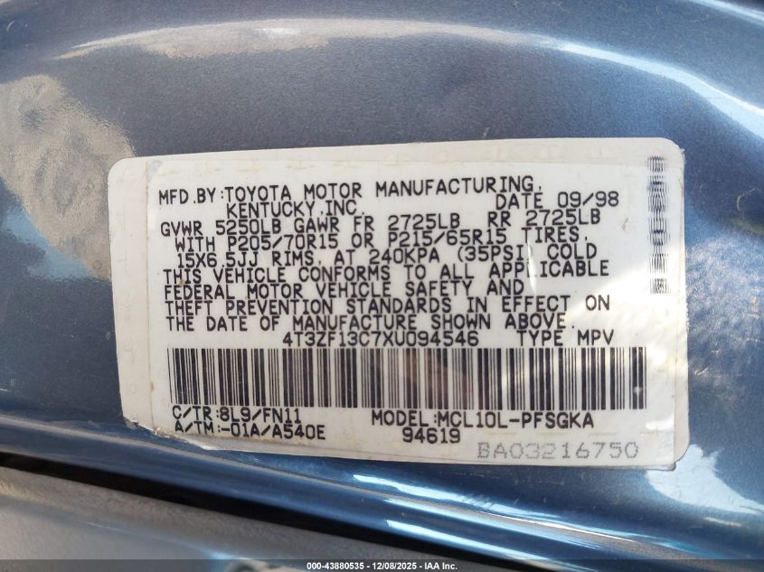 1999 Toyota Sienna Le VIN: 4T3ZF13C7XU094546 Lot: 43880535