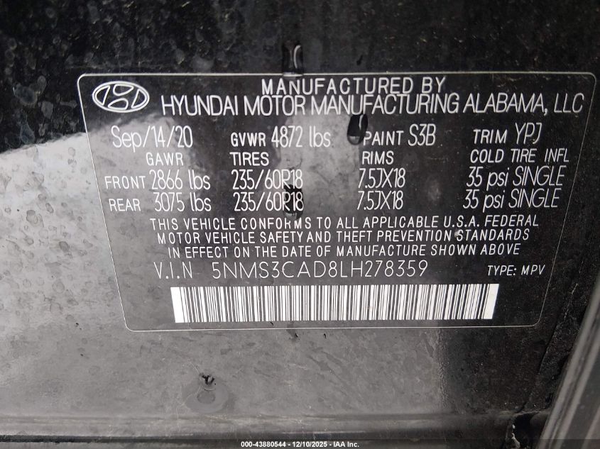 2020 Hyundai Santa Fe Sel VIN: 5NMS3CAD8LH278359 Lot: 43880544