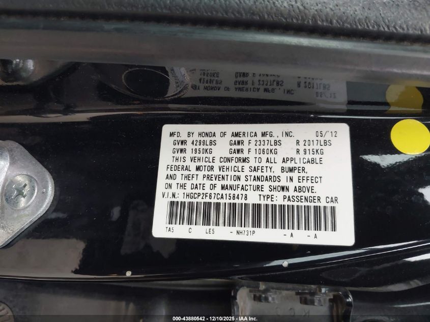 2012 Honda Accord 2.4 Se VIN: 1HGCP2F67CA158478 Lot: 43880542