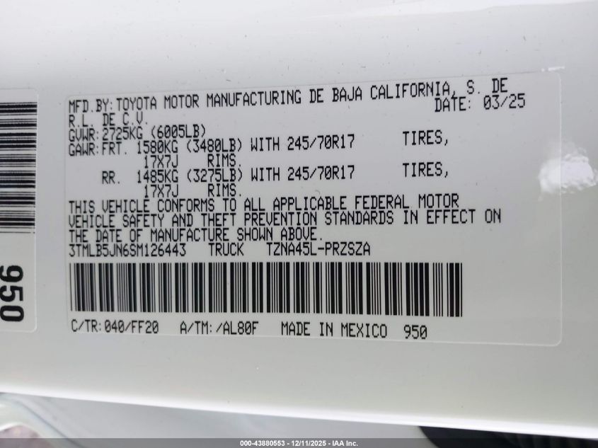 2025 Toyota Tacoma Sr5 VIN: 3TMLB5JN6SM126443 Lot: 43880553