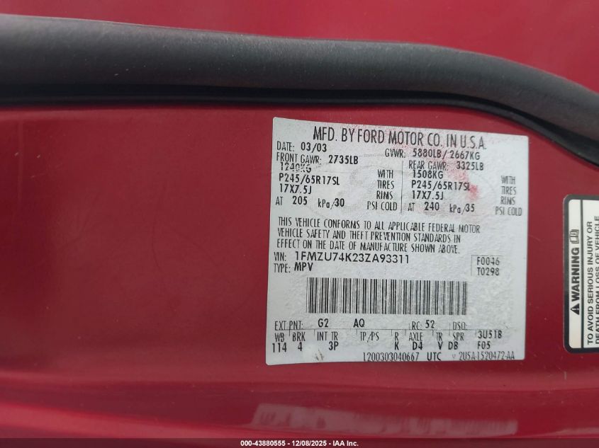 2003 Ford Explorer Eddie Bauer VIN: 1FMZU74K23ZA93311 Lot: 43880555