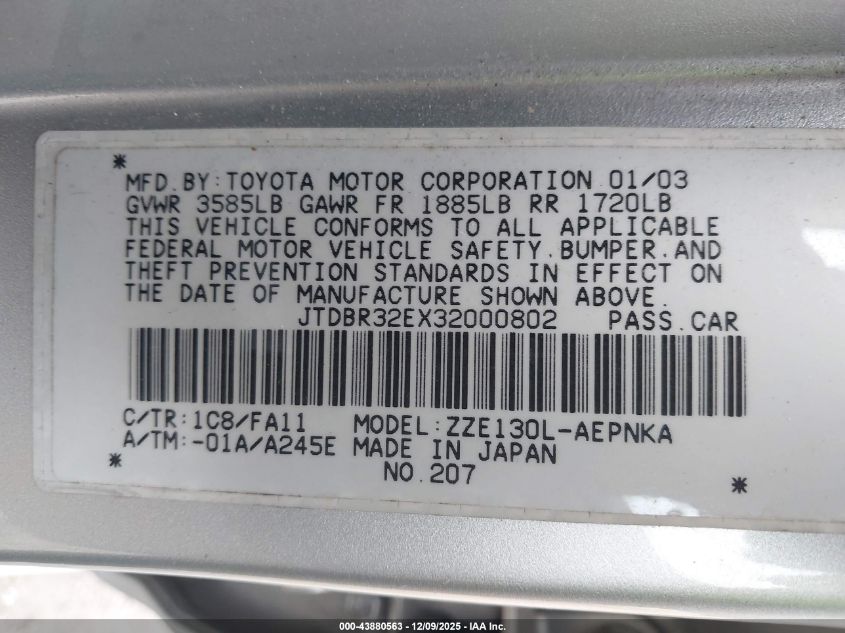 2003 Toyota Corolla Le VIN: JTDBR32EX32000802 Lot: 43880563