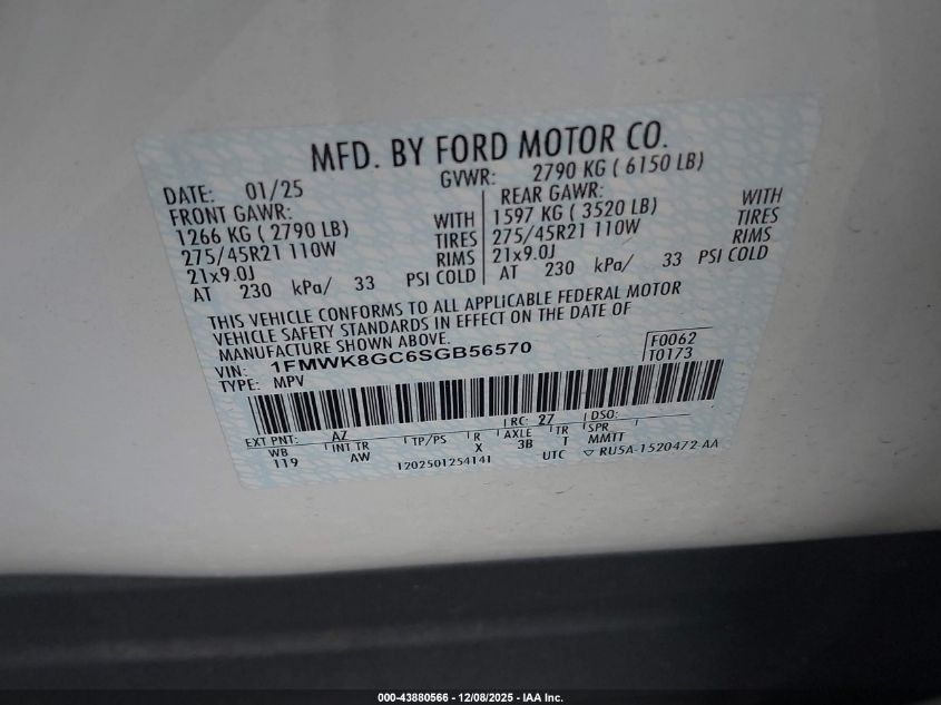 2025 Ford Explorer St VIN: 1FMWK8GC6SGB56570 Lot: 43880566