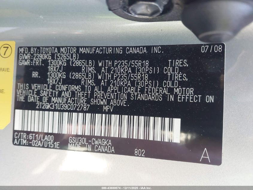 2009 Lexus Rx 350 VIN: 2T2GK31U39C072787 Lot: 43880574