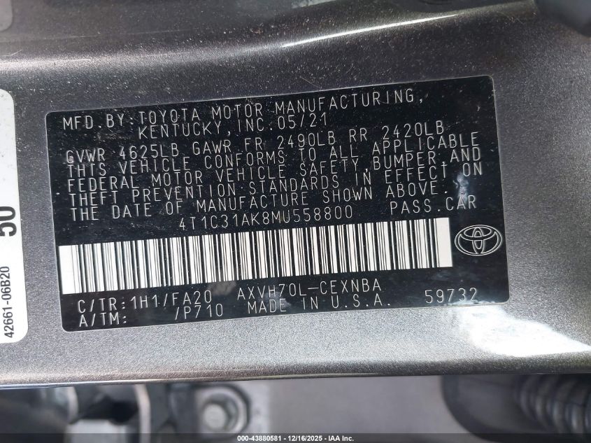 2021 Toyota Camry Le Hybrid VIN: 4T1C31AK8MU558800 Lot: 43880581