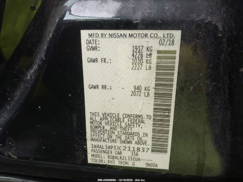 2018 Nissan Altima 2.5 Sl VIN: 1N4AL3AP3JC211837 Lot: 43880586