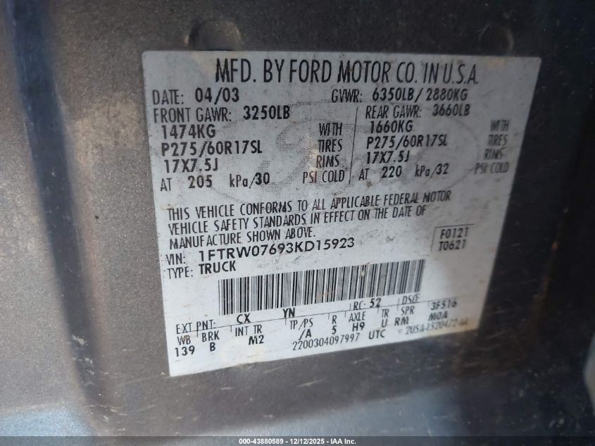 2003 Ford F-150 Lariat/Xlt VIN: 1FTRW07693KD15923 Lot: 43880589