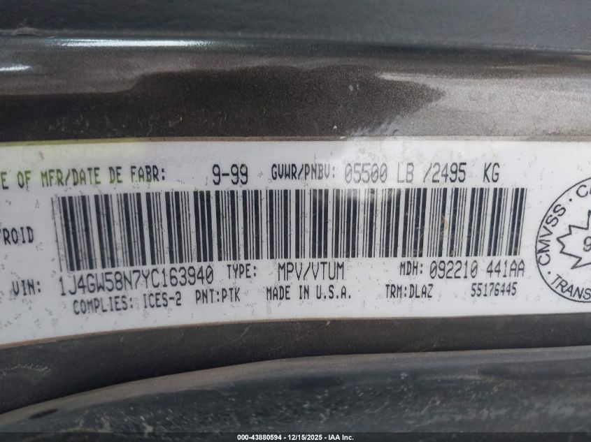 2000 Jeep Grand Cherokee Limited VIN: 1J4GW58N7YC163940 Lot: 43880594