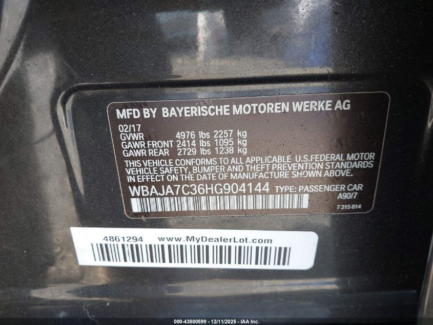 2017 BMW 530I xDrive VIN: WBAJA7C36HG904144 Lot: 43880599