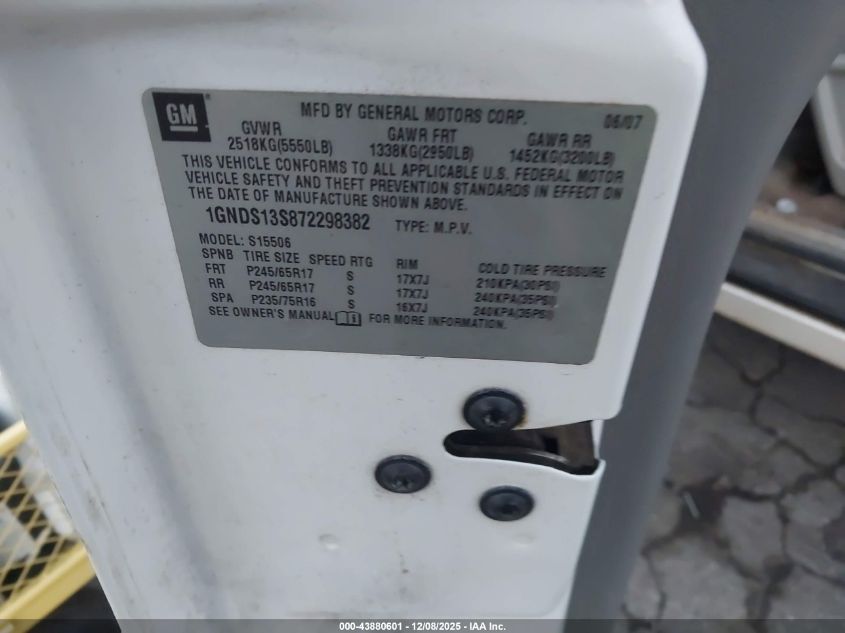 2007 Chevrolet Trailblazer Lt VIN: 1GNDS13S872298382 Lot: 43880601