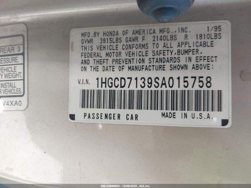 1HGCD7139SA015758 1995 HONDA ACCORD photo no. 9