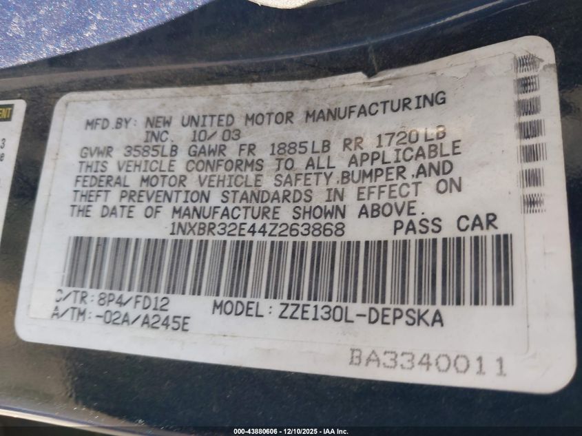 2004 Toyota Corolla S VIN: 1NXBR32E44Z263868 Lot: 43880606