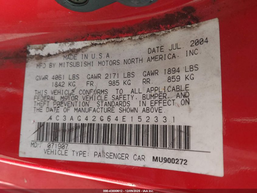 2004 Chrysler Sebring VIN: 4C3AG42G64E152331 Lot: 43880612