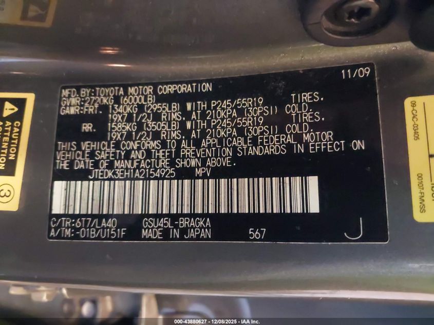 2010 Toyota Highlander Limited V6 VIN: JTEDK3EH1A2154925 Lot: 43880627