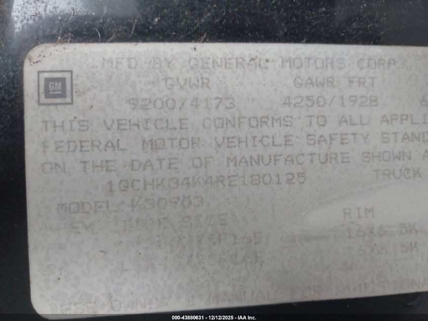 1994 Chevrolet Gmt-400 K3500 VIN: 1GCHK34K4RE180125 Lot: 43880631