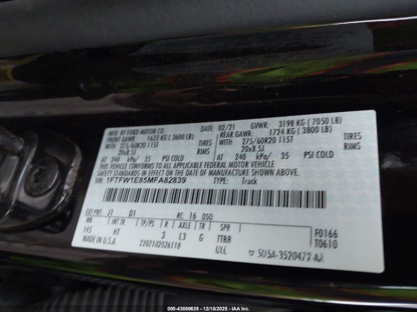 2021 Ford F-150 Lariat VIN: 1FTFW1E85MFA82839 Lot: 43880639