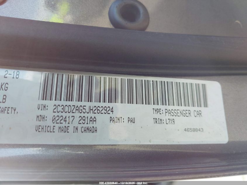 2018 Dodge Challenger Sxt VIN: 2C3CDZAG5JH262924 Lot: 43880640