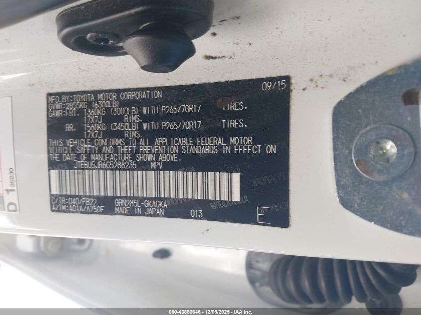 2016 Toyota 4Runner Sr5 VIN: JTEBU5JR6G5288235 Lot: 43880646