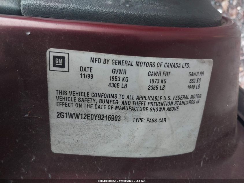 2000 Chevrolet Monte Carlo Ls VIN: 2G1WW12E0Y9216903 Lot: 43880653