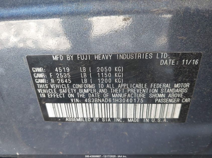 2017 Subaru Legacy 2.5I Premium VIN: 4S3BNAD61H3040175 Lot: 43880657