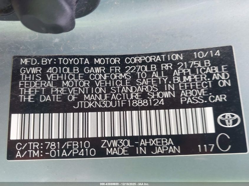 2015 Toyota Prius Two VIN: JTDKN3DU1F1888124 Lot: 43880659