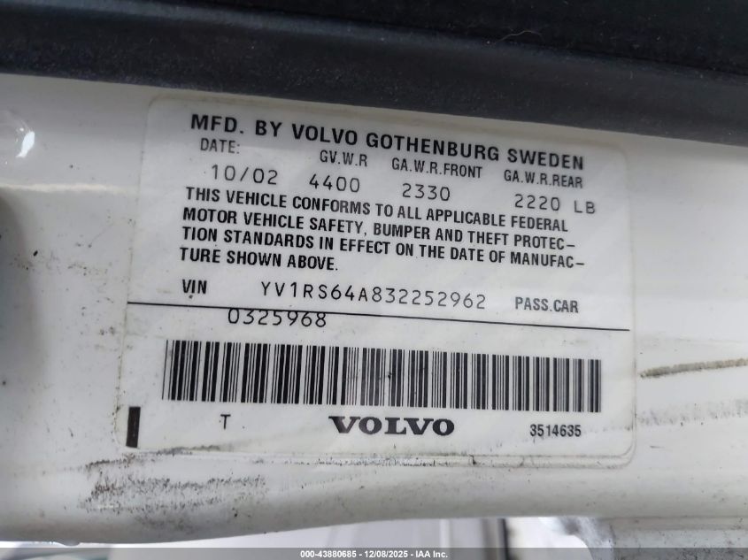 2003 Volvo S60 2.4 VIN: YV1RS64A832252962 Lot: 43880685