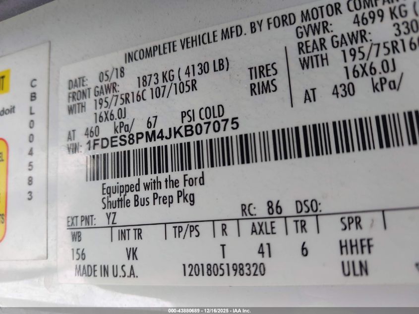 2018 Ford Transit-350 Cutaway VIN: 1FDES8PM4JKB07075 Lot: 43880689