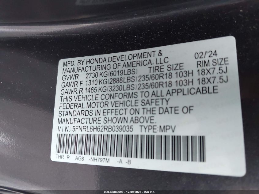 2024 Honda Odyssey Ex-L VIN: 5FNRL6H62RB039035 Lot: 43880699