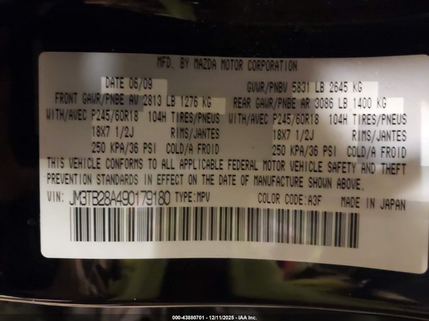 2009 Mazda Cx-9 Sport VIN: JM3TB28A490179180 Lot: 43880701