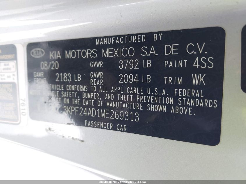 2021 Kia Forte Lxs VIN: 3KPF24AD1ME269313 Lot: 43880705