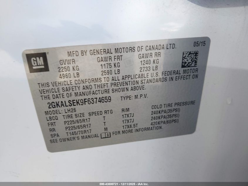 2015 GMC Terrain Slt-1 VIN: 2GKALSEK9F6374659 Lot: 43880721