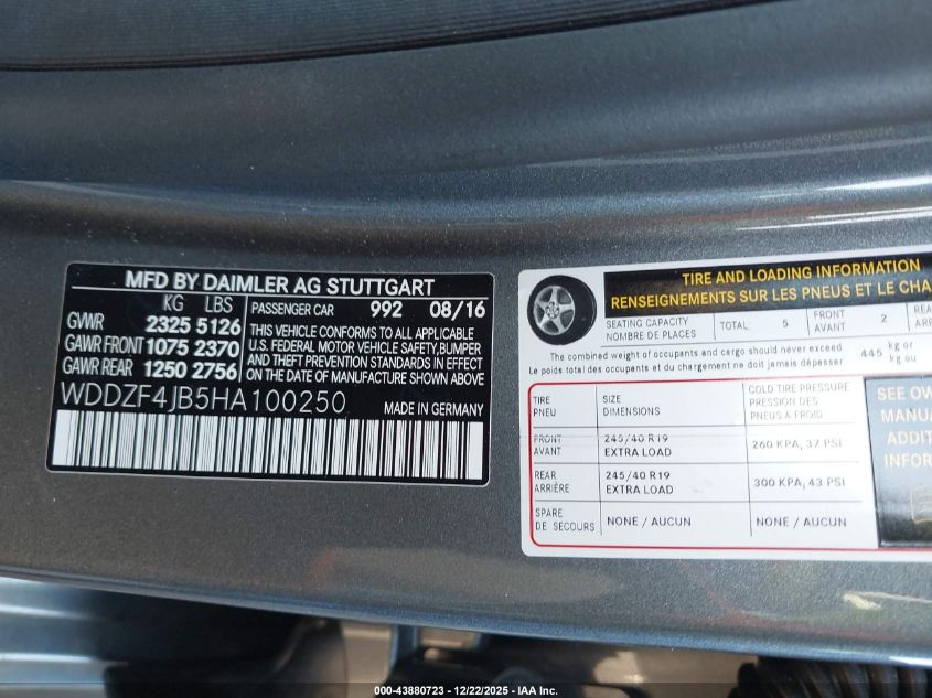 2017 Mercedes-Benz E 300 VIN: WDDZF4JB5HA100250 Lot: 43880723