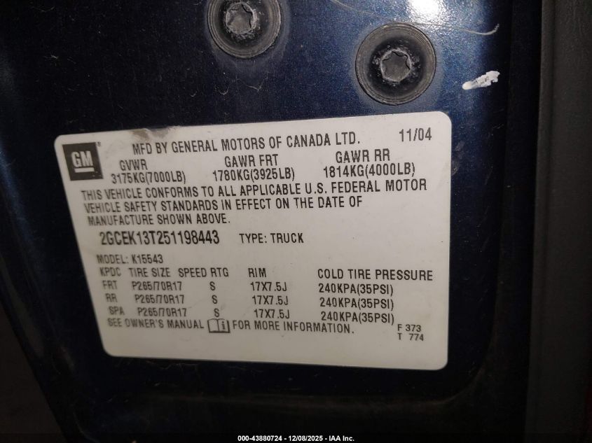 2005 Chevrolet Silverado 1500 Ls VIN: 2GCEK13T251198443 Lot: 43880724