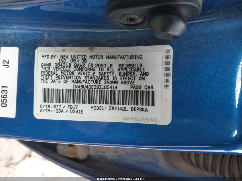 2009 Toyota Corolla S VIN: 1NXBU40E09Z105414 Lot: 43880730